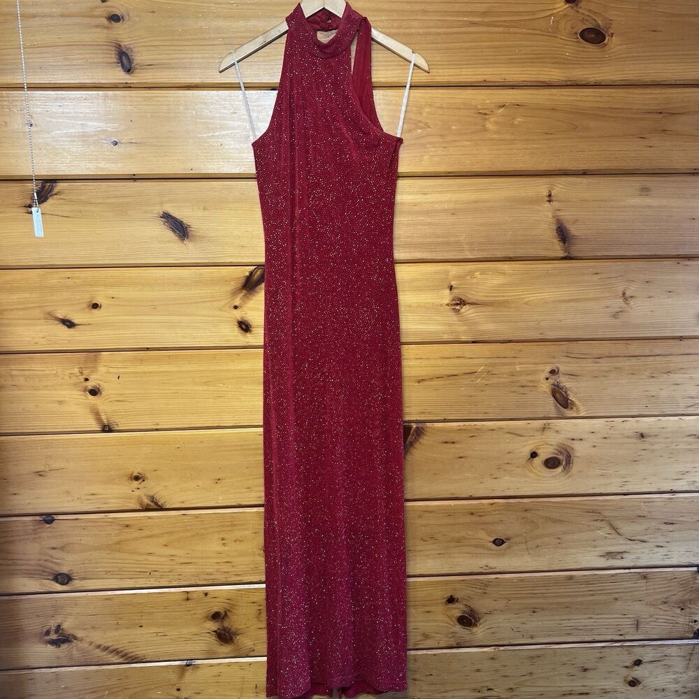 Roberta Stretch Vintage Y2K Halter Burgundy Sparkly Maxi Prom Slit Gown Glam S